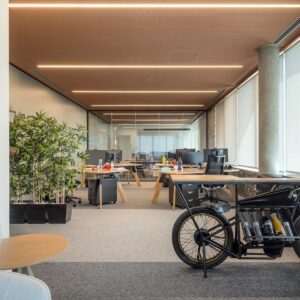 Moderne kontor med arbejdspladser, planter og ladcykel ved vinduer