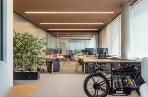 Moderne kontor med arbejdspladser, planter og ladcykel ved vinduer