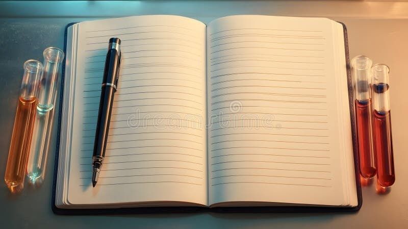 Åben notesbog med pen og reagensglas med farvede væsker